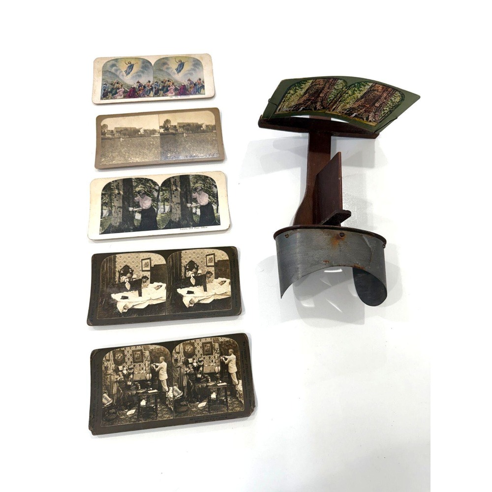 Vintage Wooden Stereoscope Viewer w/ 6 Cards Early 1900's 3D Card Viewer Antique